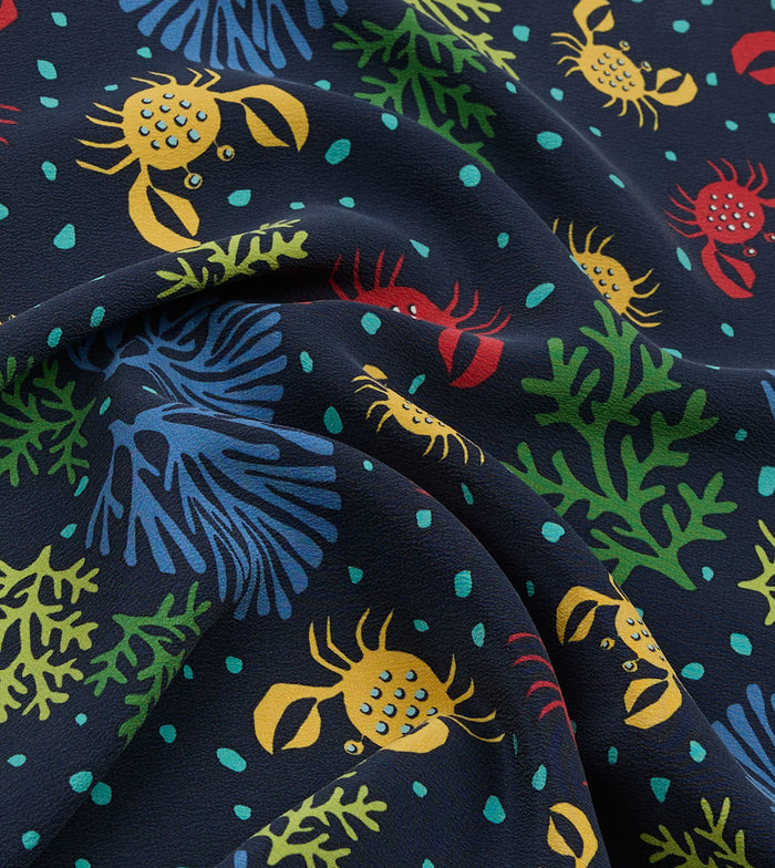 Navy Crab Print Silk Pocket Square