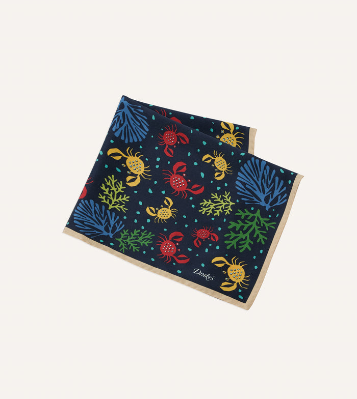Navy Crab Print Silk Pocket Square