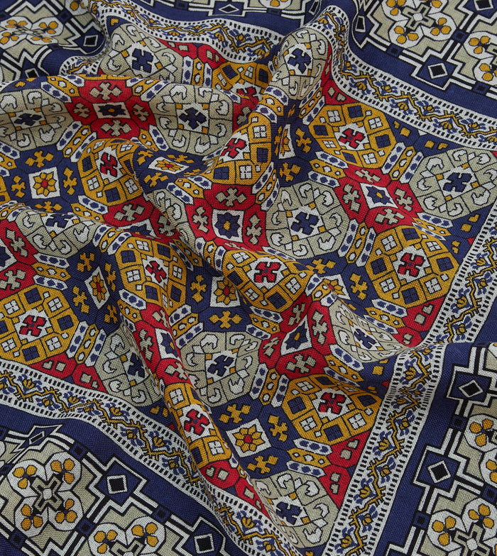 Navy Geometric Tapestry Print Wool-Silk Pocket Square