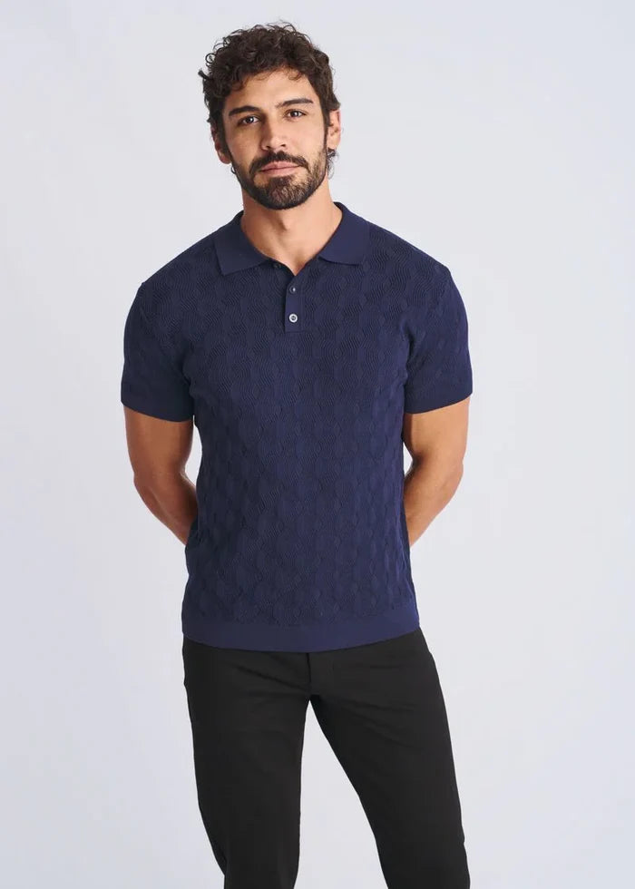 Navy Textured Silk/Tencel 3-Button Knit Polo PM-16319