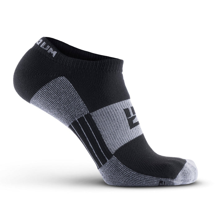 MudGear No-Show Running Socks in black and gray, angled view showing cushioned sole and low-cut ankle design