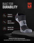 MudGear No-Show Running Socks in black and gray, displayed on rock with feature callouts