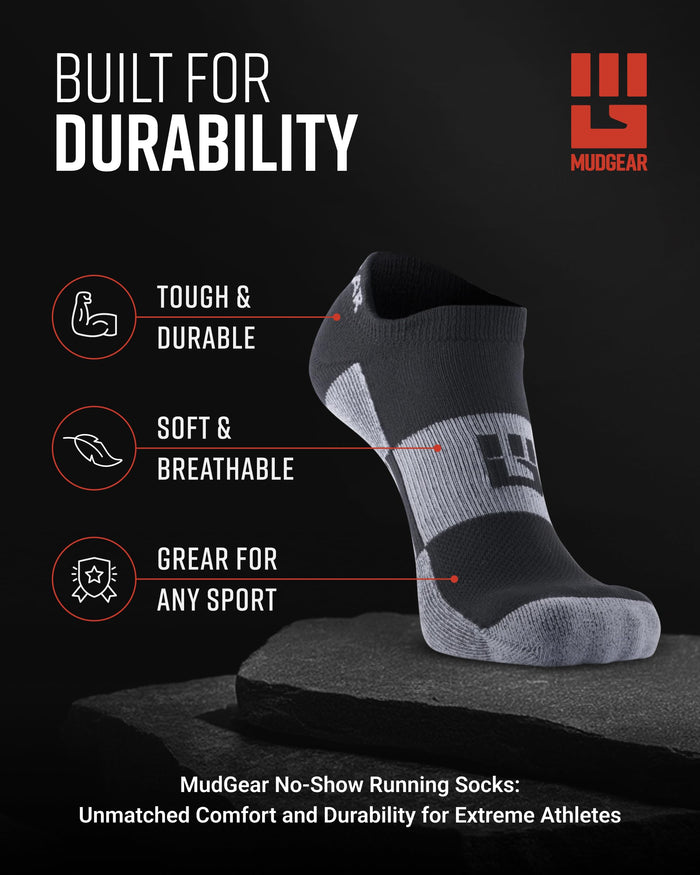 MudGear No-Show Running Socks in black and gray, displayed on rock with feature callouts