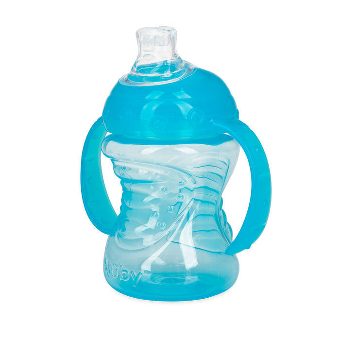 The Nuby No-Spill Soft Spout Grip N' Sip Trainer Cup is a blue and clear plastic cup with two side handles and a soft silicone spout lid, designed for young children and leak resistant for worry-free use.