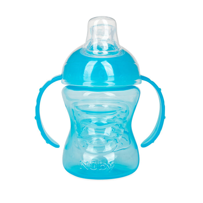 The Nuby No-Spill Soft Spout Grip N' Sip Trainer Cup is a blue plastic toddler cup with two side handles and a clear, leak-resistant silicone spout lid.