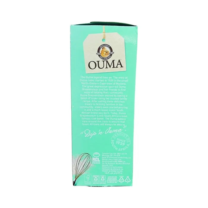 Side of Ouma Coconut Rusks pack with brand story and manufacturer details