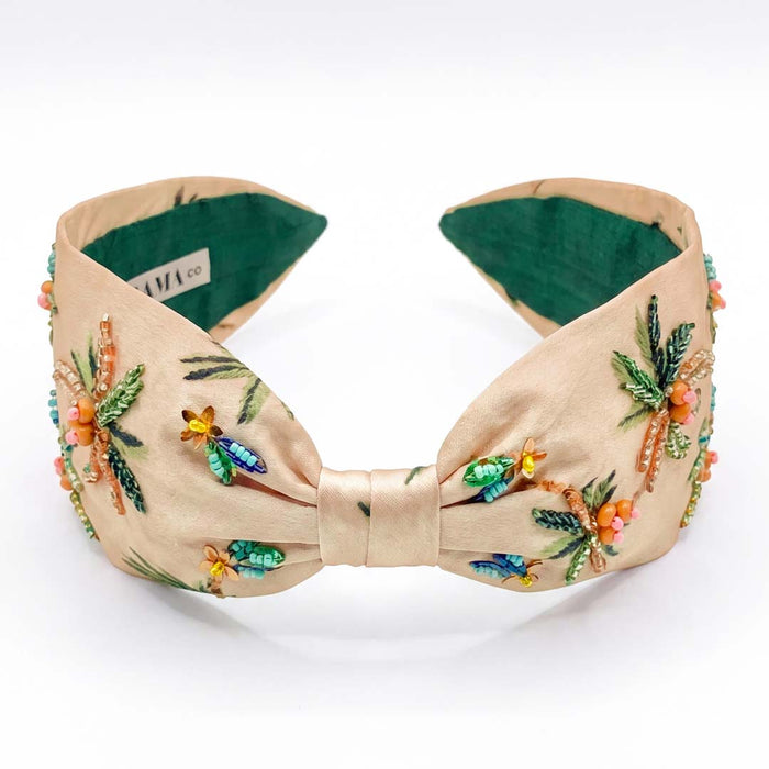 Palm Springs inspired knotted headband for destination getaways - embroidered tropical design