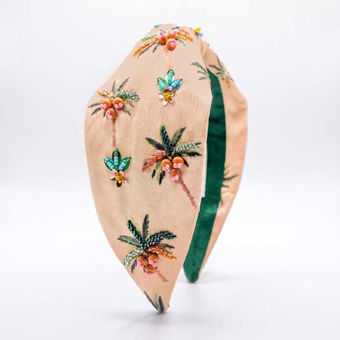 Hair Drama Company embroidered palm headband - tropical beadwork on beige satin for resort styling