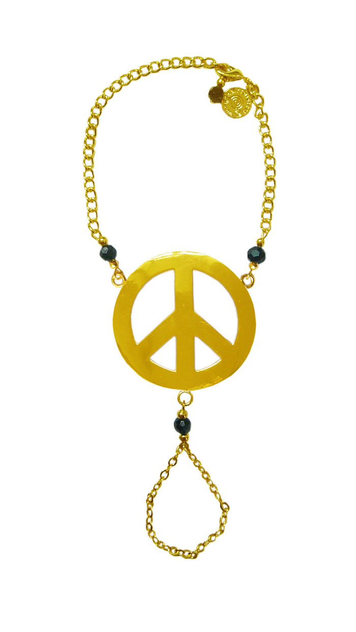 Gold peace symbol hand chain finger bracelet with black bead accents