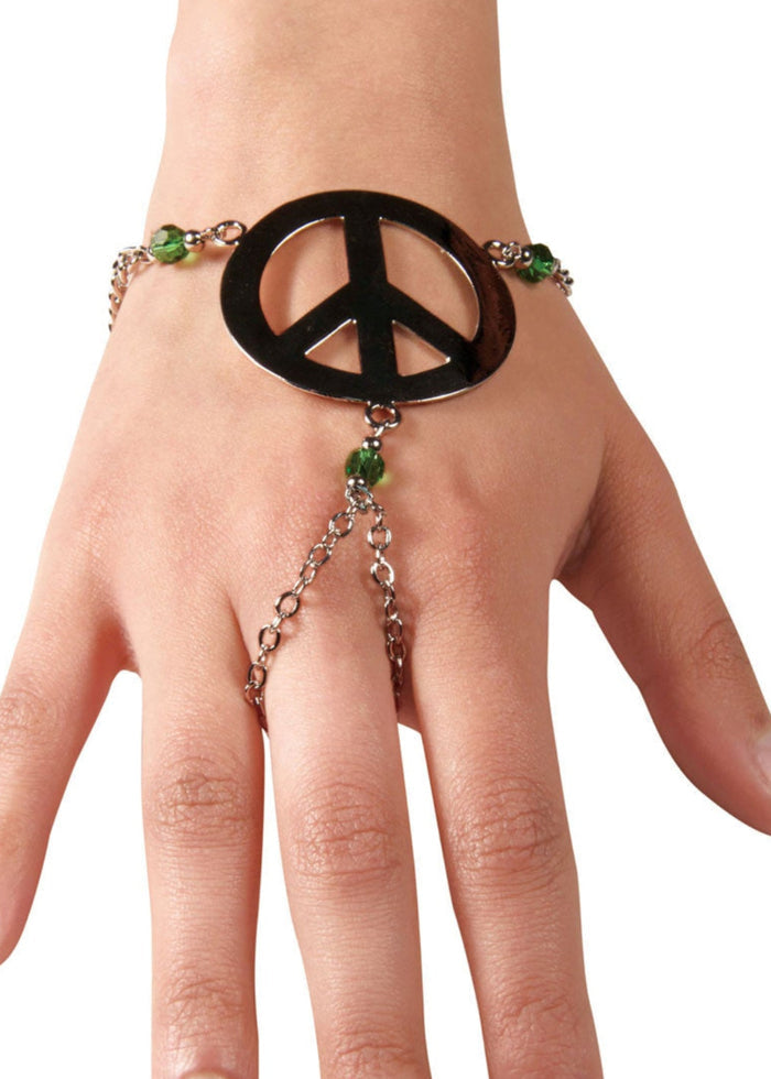 Peace symbol hand chain finger bracelet with green bead accents worn across hand and finger, front view