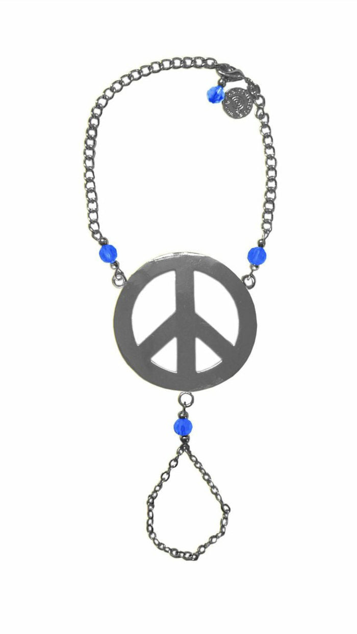 Peace symbol finger bracelet with chain hand harness and blue bead accents, front view