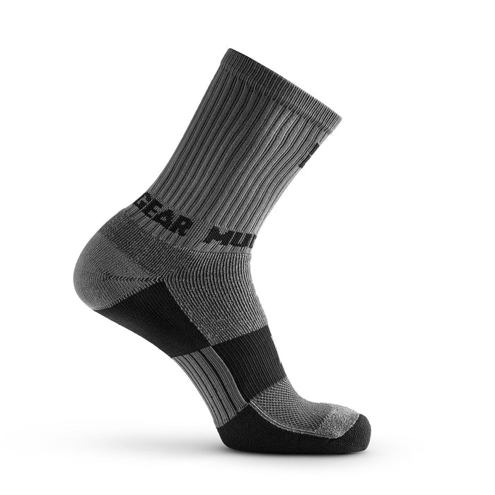 Gray and black hiking sock with ribbed shaft and reinforced heel, displayed on white background
