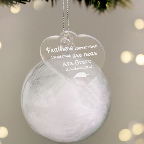 Personalised White Memorial Feather Bauble