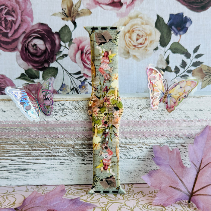 petals & pixies apple watch band – silicone strap with vintage florals, butterflies and fairies; fits 38–49 mm