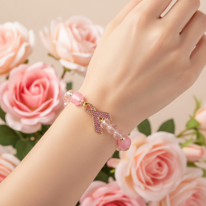 Pink Breast Cancer Awareness Beaded Stretch Bracelet with Rhinestone Ribbon Charm - Wholesale 12-Pack (CB3160) (CB3160)