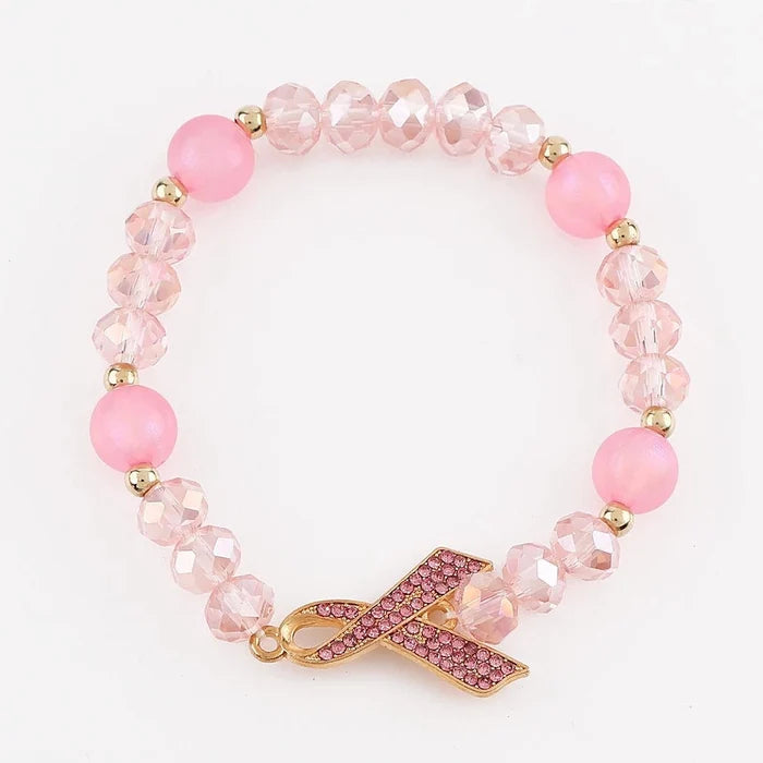 Pink Breast Cancer Awareness Beaded Stretch Bracelet with Rhinestone Ribbon Charm - Wholesale 12-Pack (CB3160) (CB3160)