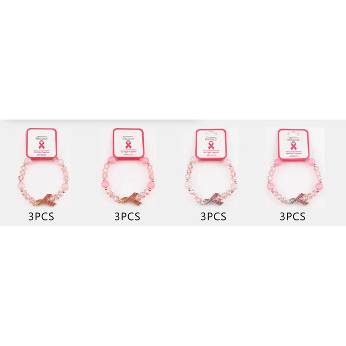 Pink Breast Cancer Awareness Beaded Stretch Bracelet with Rhinestone Ribbon Charm - Wholesale 12-Pack (CB3160) (CB3160)