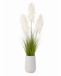 Artificial white feather grass plant in light gray ribbed pot with tall plumes