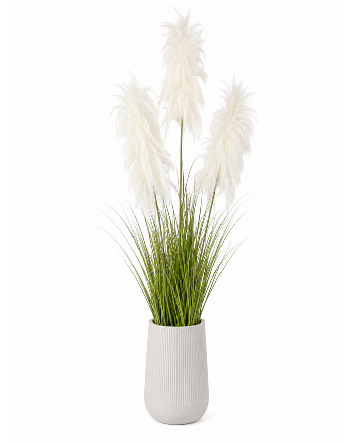Artificial white feather grass plant in light gray ribbed pot with tall plumes