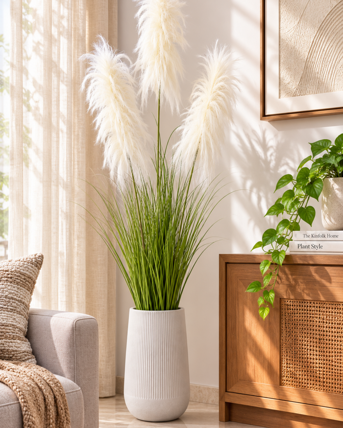 Artificial white feather grass plant in white ribbed vase pot with green stems