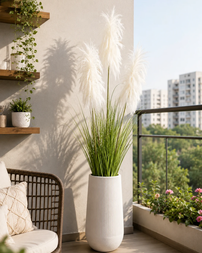 Artificial white feather grass plant in white ribbed pot, tall feathery plumes