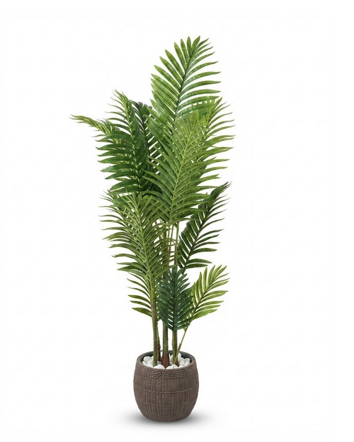 Tall artificial palm with green fronds in ribbed dark designer pot