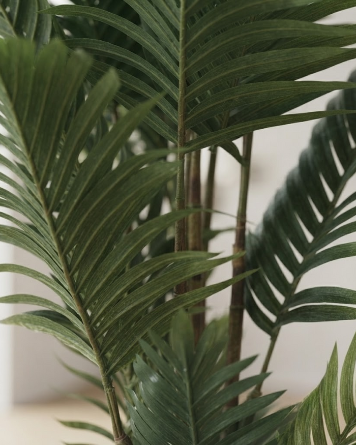 Close-up of tall artificial palm fronds on stems