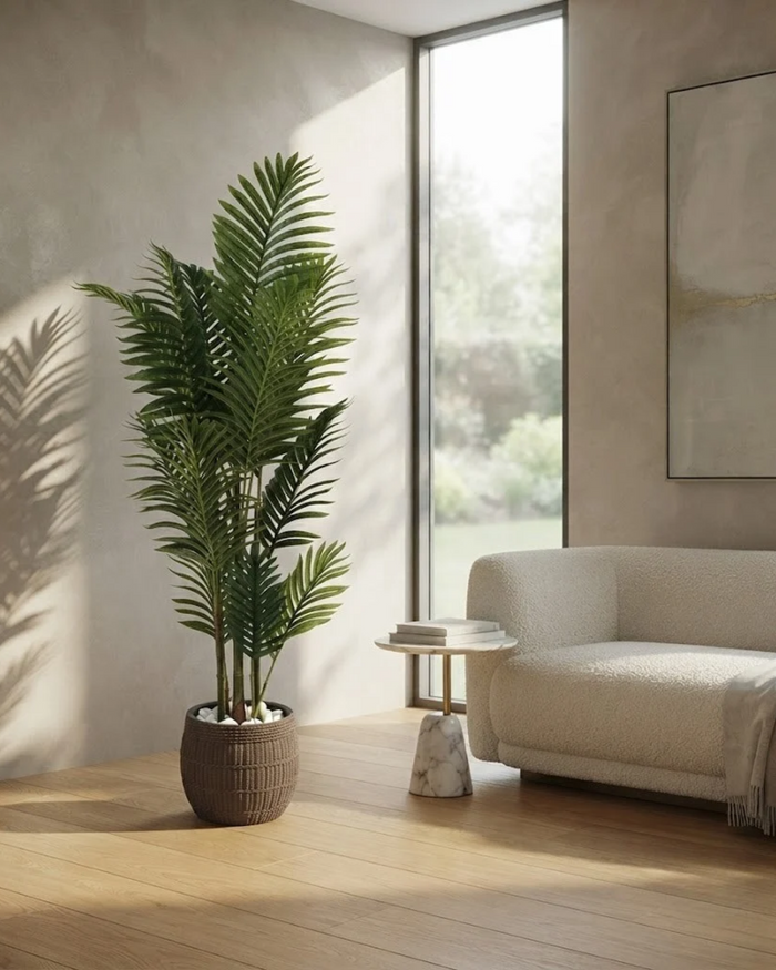 Artificial palm in dark textured pot beside window, tall indoor plant