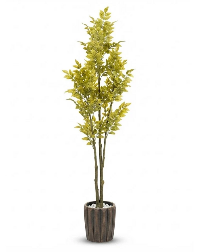 Tall artificial foliage plant with dark ribbed planter