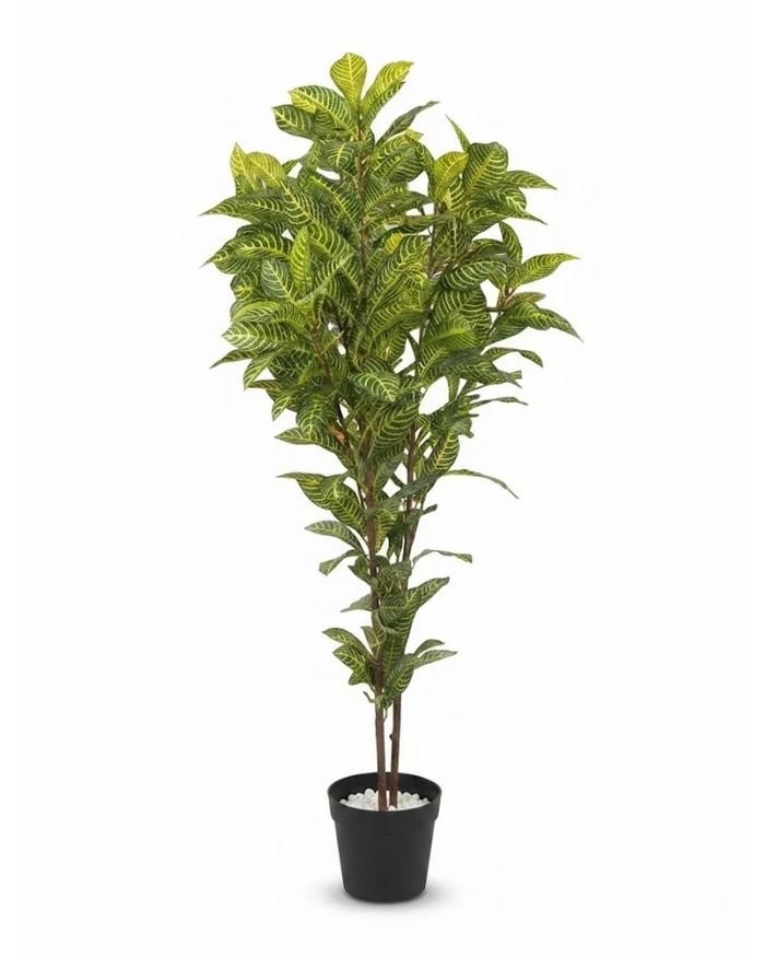 Tall artificial green plant with textured leaves in black pot