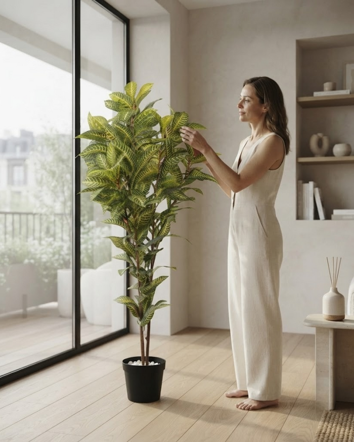 Tall artificial green plant in black pot beside standing person, indoor view
