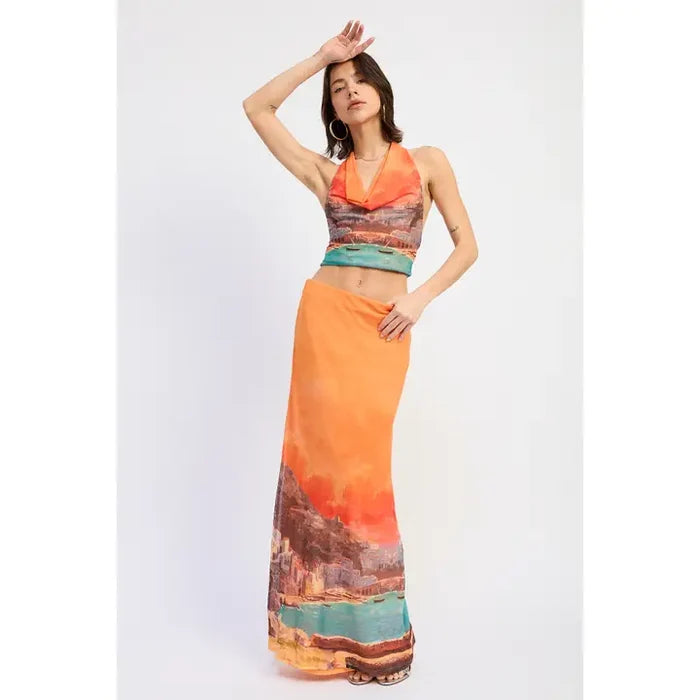 Printed Maxi Mesh Skirt