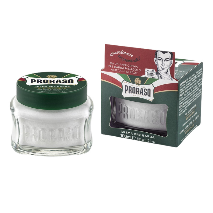 Proraso pre-shave krem med eukalyptus og mentol i glassbeholder med grønn lokk