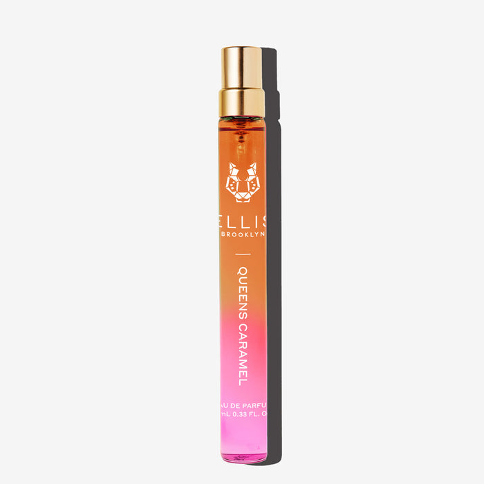 Queens Caramel 10ml Eau De Parfum Travel Spray on white background.