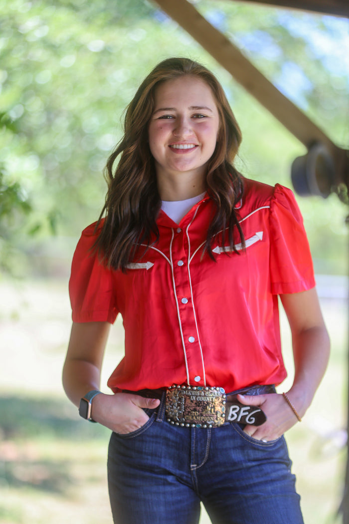 Red Satin Howdy Short Sleeve Button Up