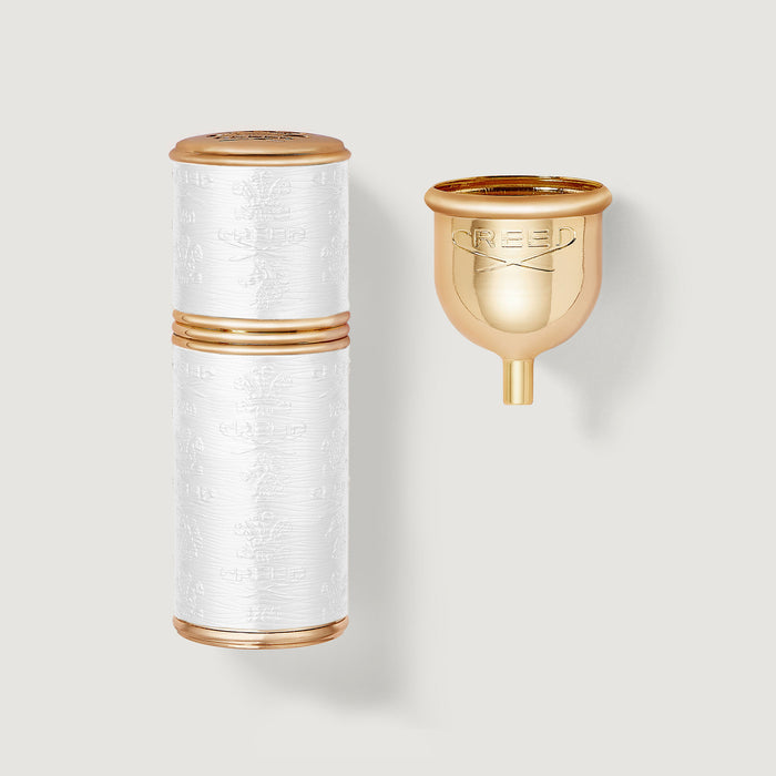 50ml White & Gold Trim Refillable Travel Perfume Atomizer with Funnel - Flat Lay | Creed Boutique