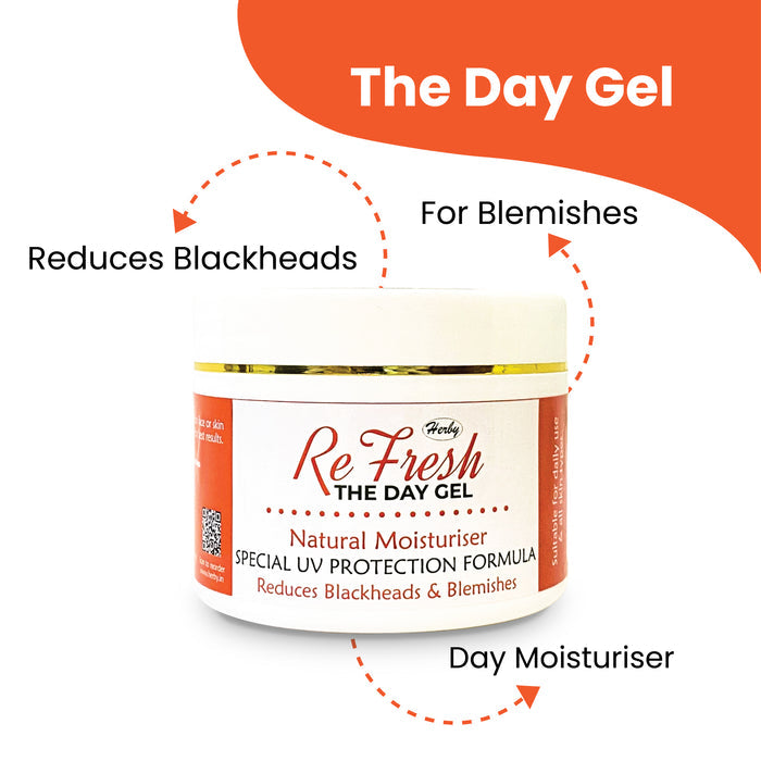 Herby ReFresh day gel feature graphic highlighting blemish care, reduced blackheads and daily moisturizing support.