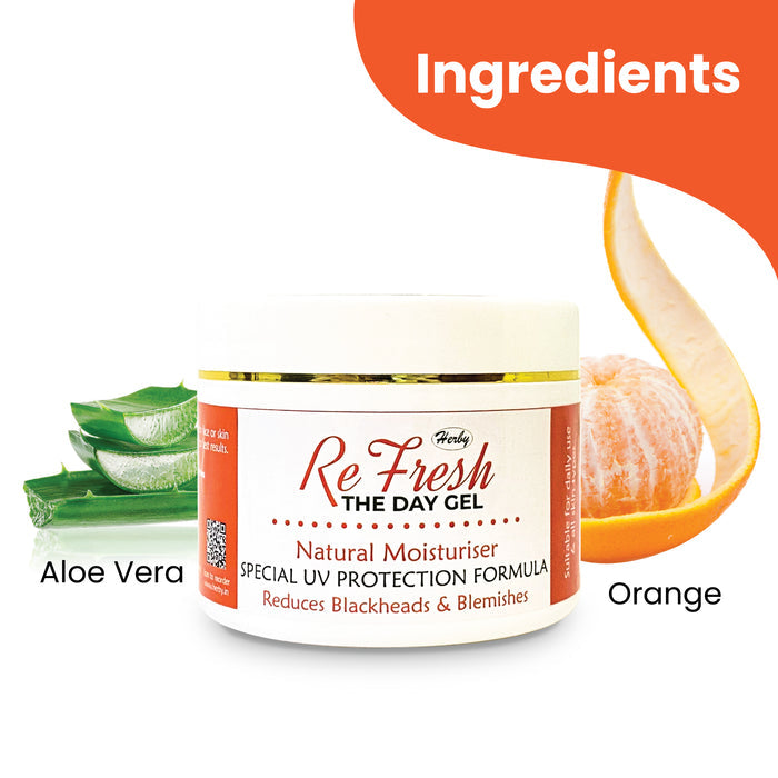 Herby ReFresh day gel ingredient graphic featuring aloe vera and orange beside the white facial moisturizer jar.