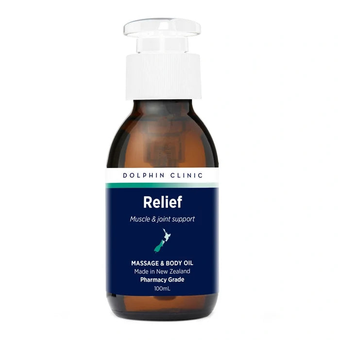 Dolphin Clinic Relief Massage & Body Oil in a 100ml glass bottle with pump.