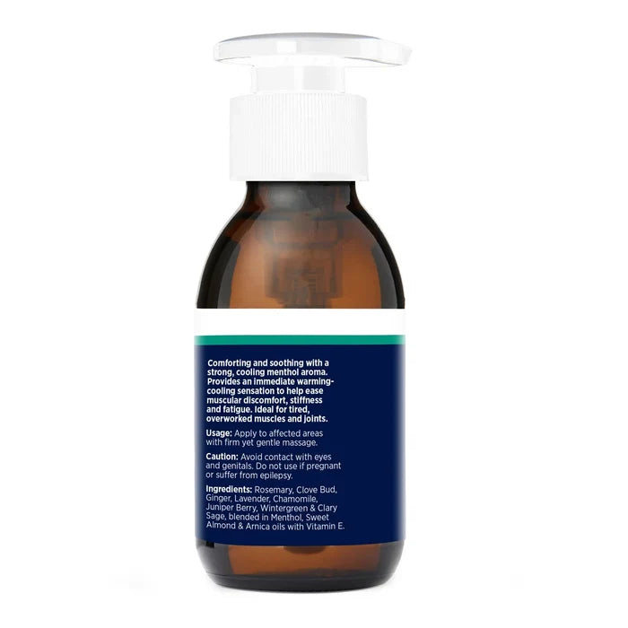 Side of relief massage oil with instructions for usage, precautions & ingredients. A soothing blend of essential oils with cooling menthol.