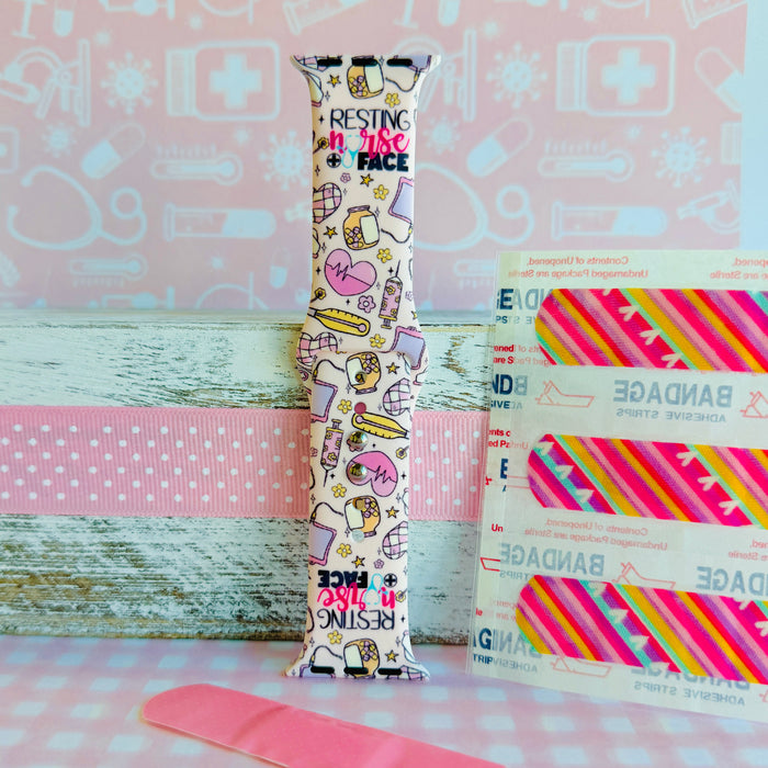 Resting Nurse Face Apple Watch band with coffee cups, stethoscopes, and medical icons on cream background