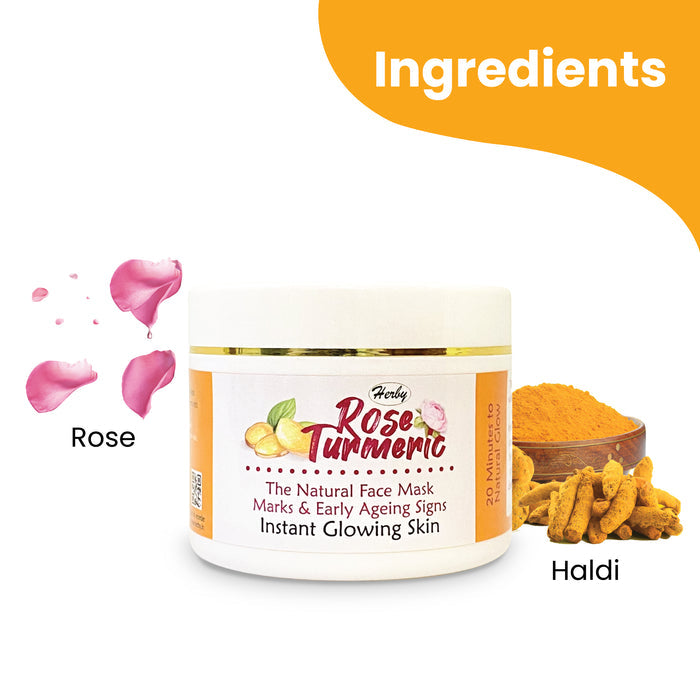 Herby Rose Turmeric jar shown with pink rose petals and fresh turmeric root highlighting its two key ingredients.