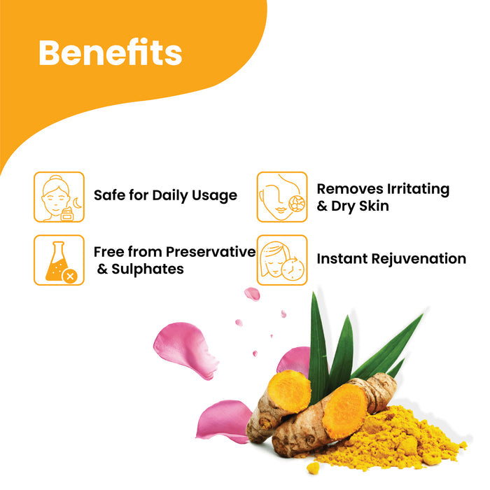 Benefits graphic for Herby Rose Turmeric mask showing daily safe use, dry skin relief, and instant skin rejuvenation.