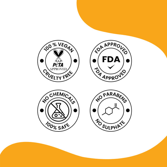 Certification badges for Herby Rose Turmeric mask showing vegan, FDA approved, chemical-free, and paraben-free claims.