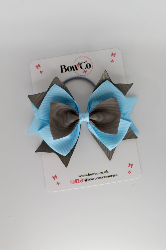 School Bow Blue Topaz and Metal Grey - Layer Bow - Elastic
