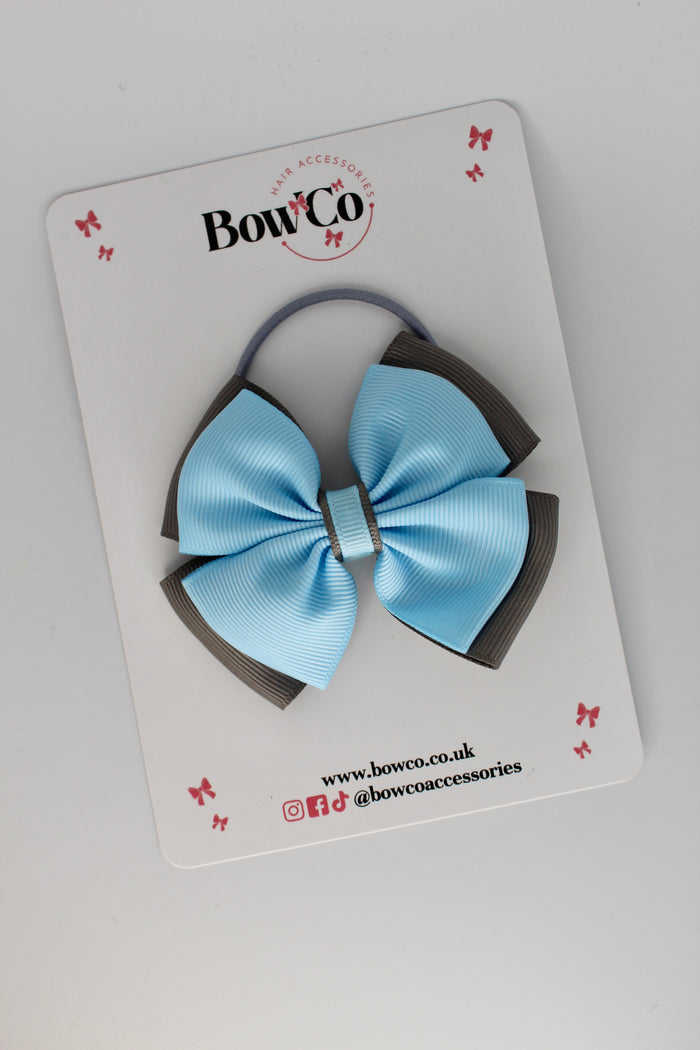 School Bow Blue Topaz and Metal Grey - Layer Edge Bow - Elastic