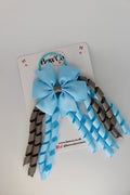 School Bow Blue Topaz and Metal Grey - Pinwheel Corker Bow - Elastic