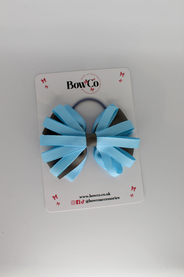 School Bow Blue Topaz and Metal Grey - Spiral Bow - Elastic