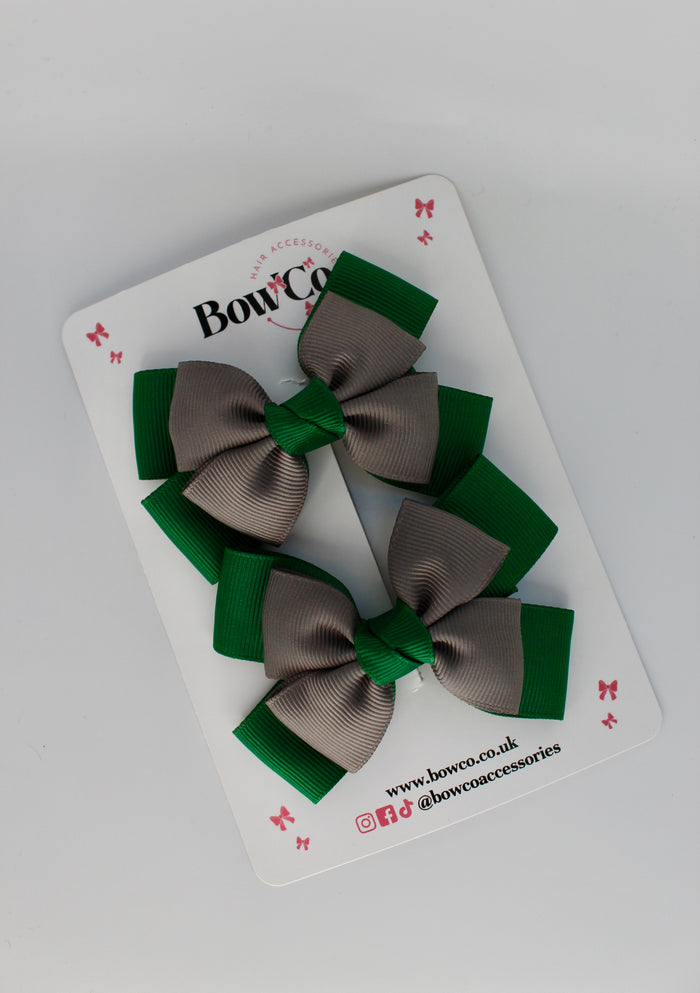 School Bow Green and Grey - Layer Bow Set - Clip