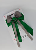 School Bow Green and Grey Streamer Tail Bow - Clip